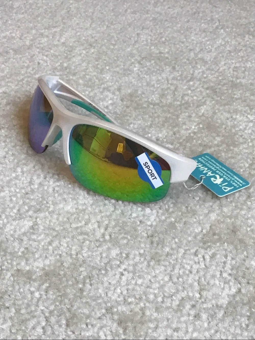 Piranha Sunglasses, White/Teal with Rainbow Mirrored Lenses, 100% UVA/UVB Protct